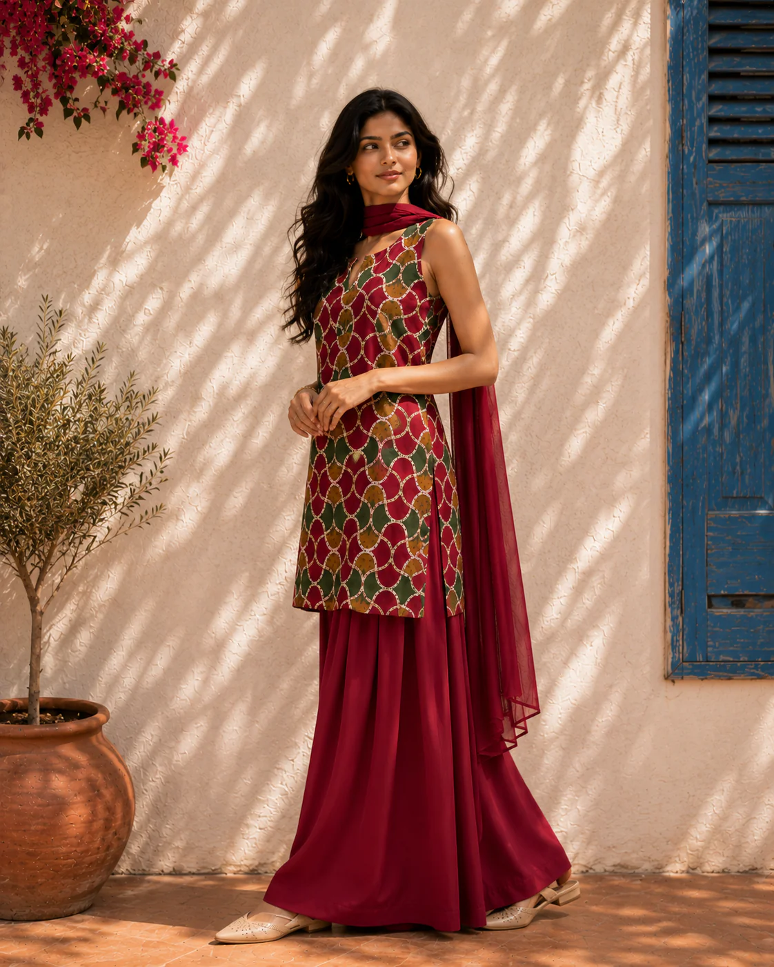 Aahista Maroon Farshi Set with Dupatta - Image 4