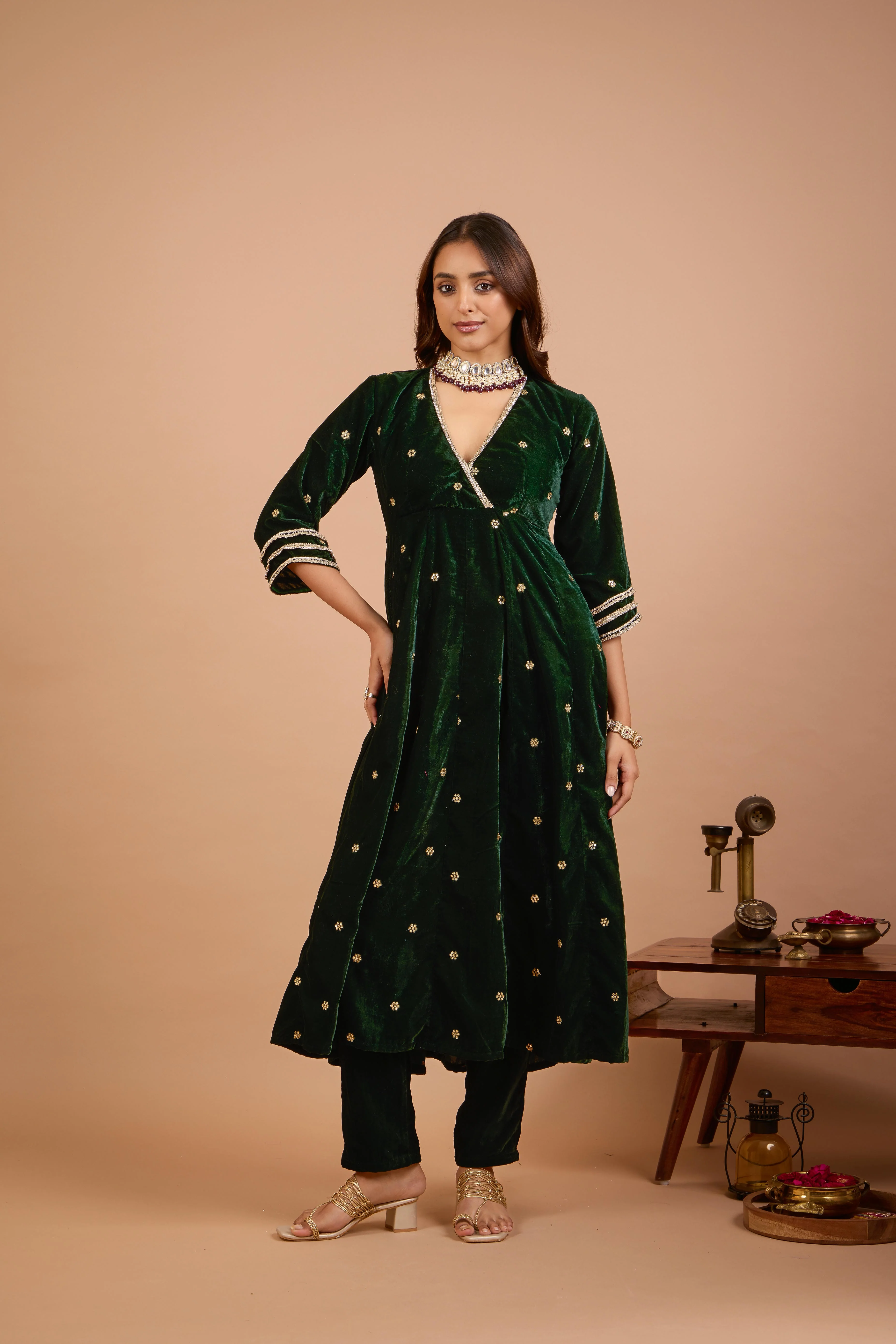 Alaya Jugni Emerald Glow Velvet Anarkali - Image 3