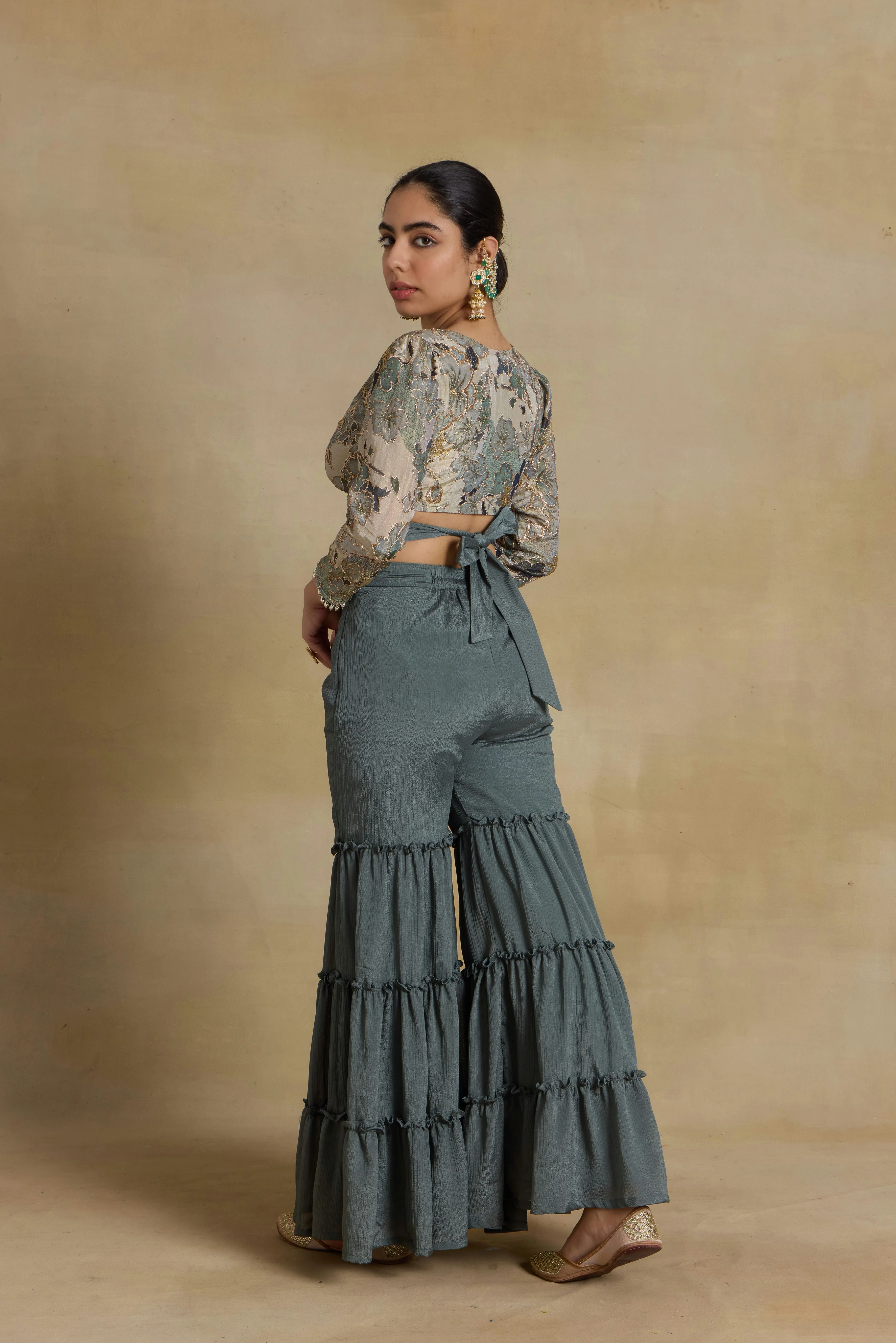 Alaya Noor Teal Gharara with Wrap Blouse - Image 3