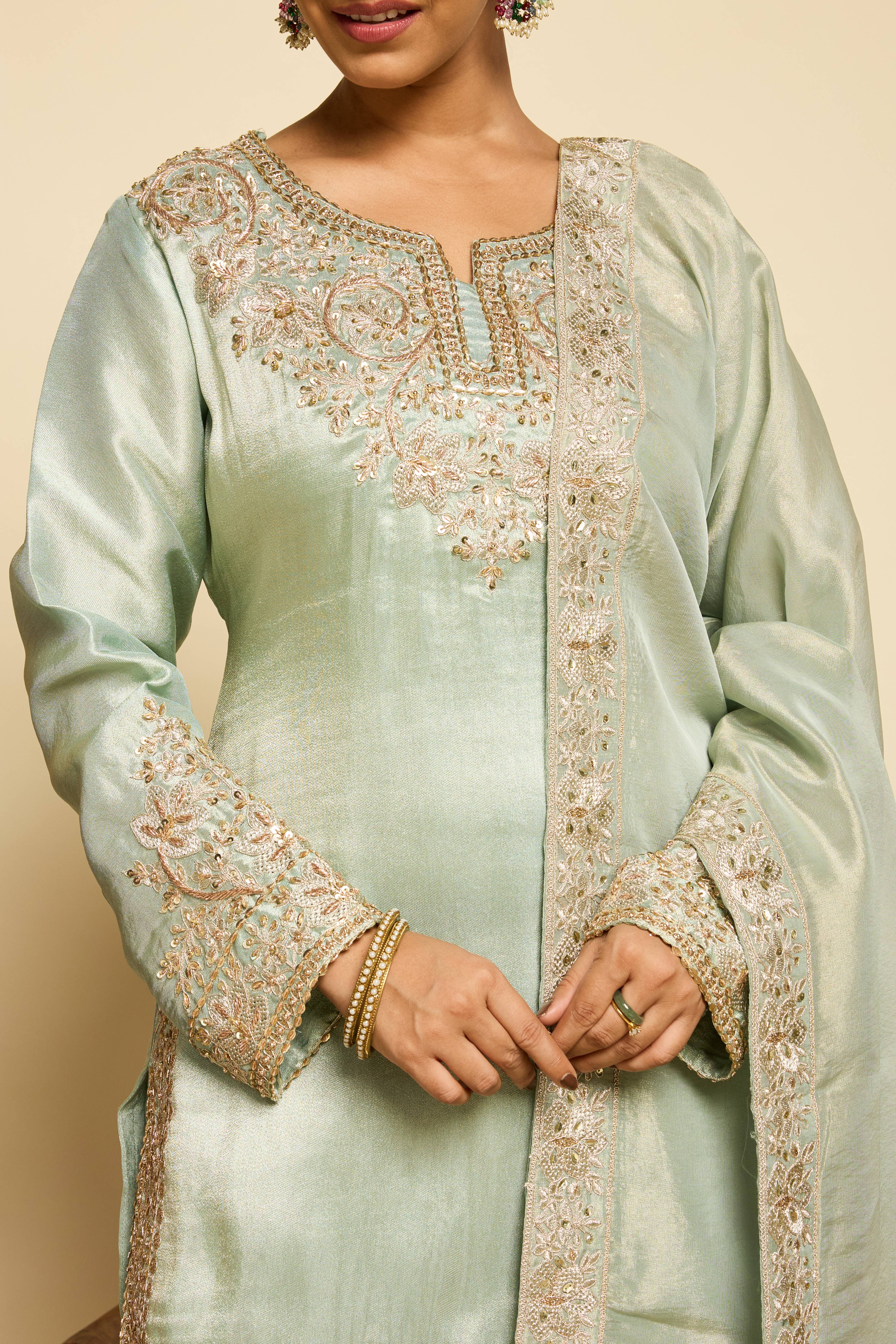 Malang Celadon Silk Gharara Set - Image 3