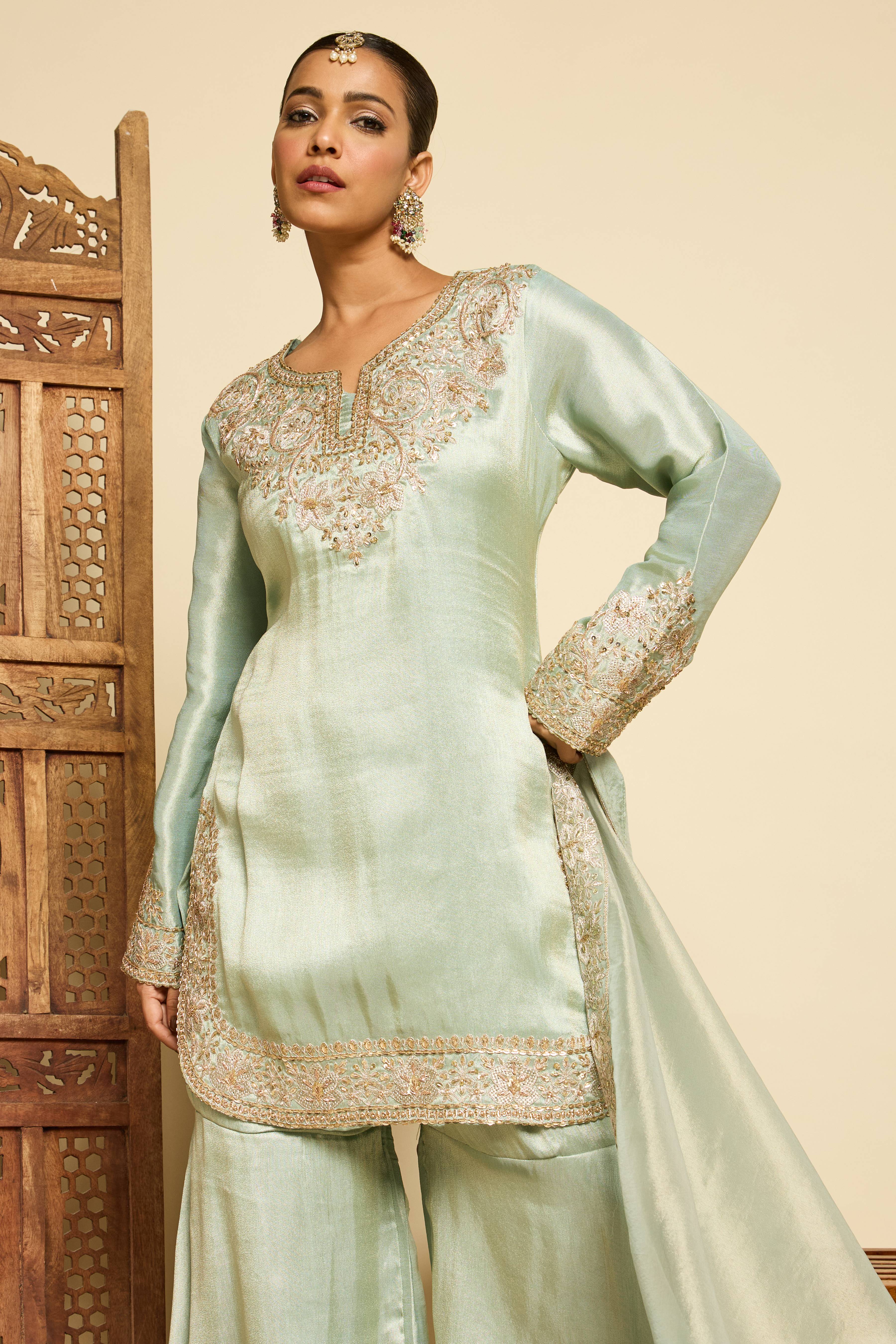 Malang Celadon Silk Gharara Set - Image 4