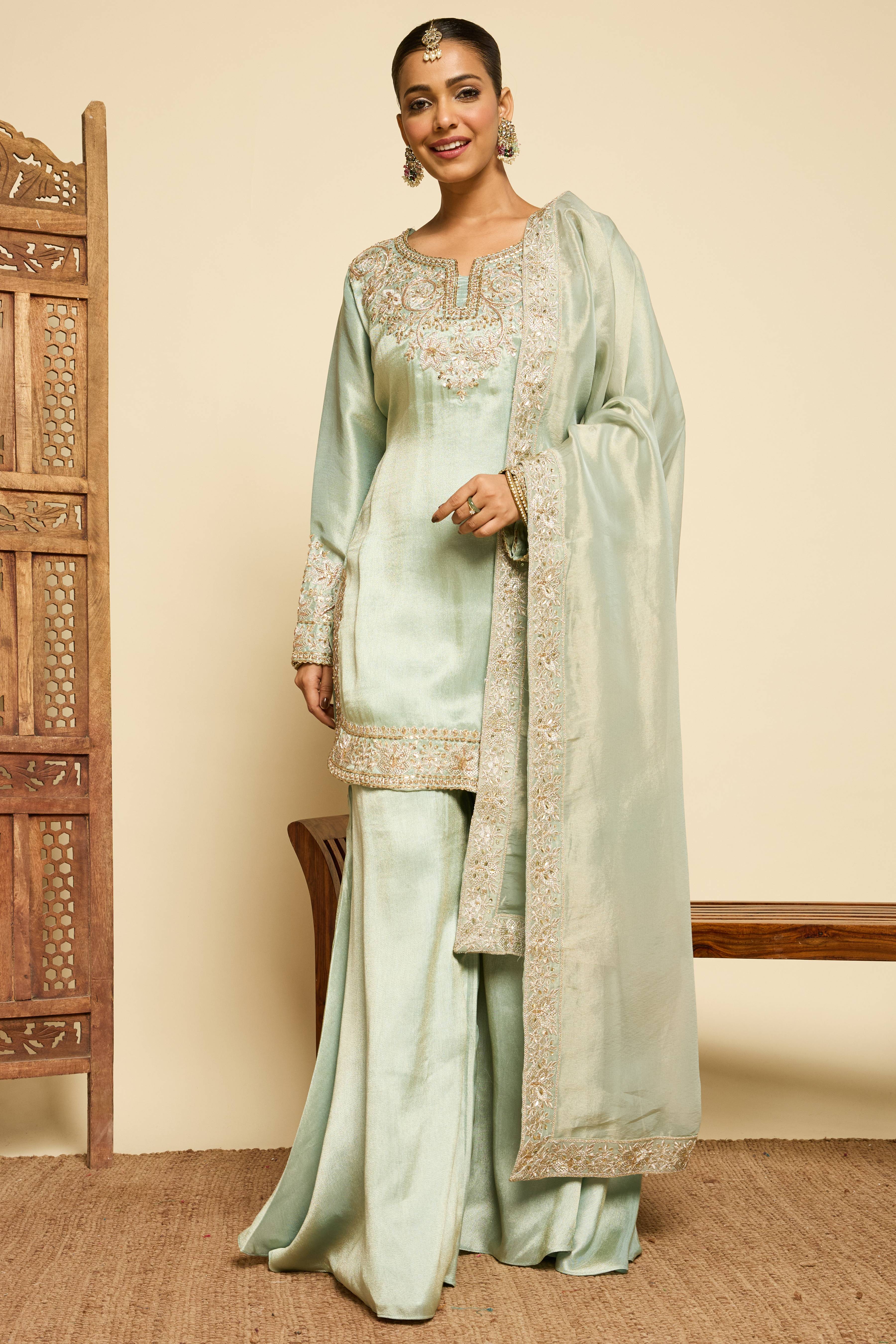 Malang Celadon Silk Gharara Set - Image 6
