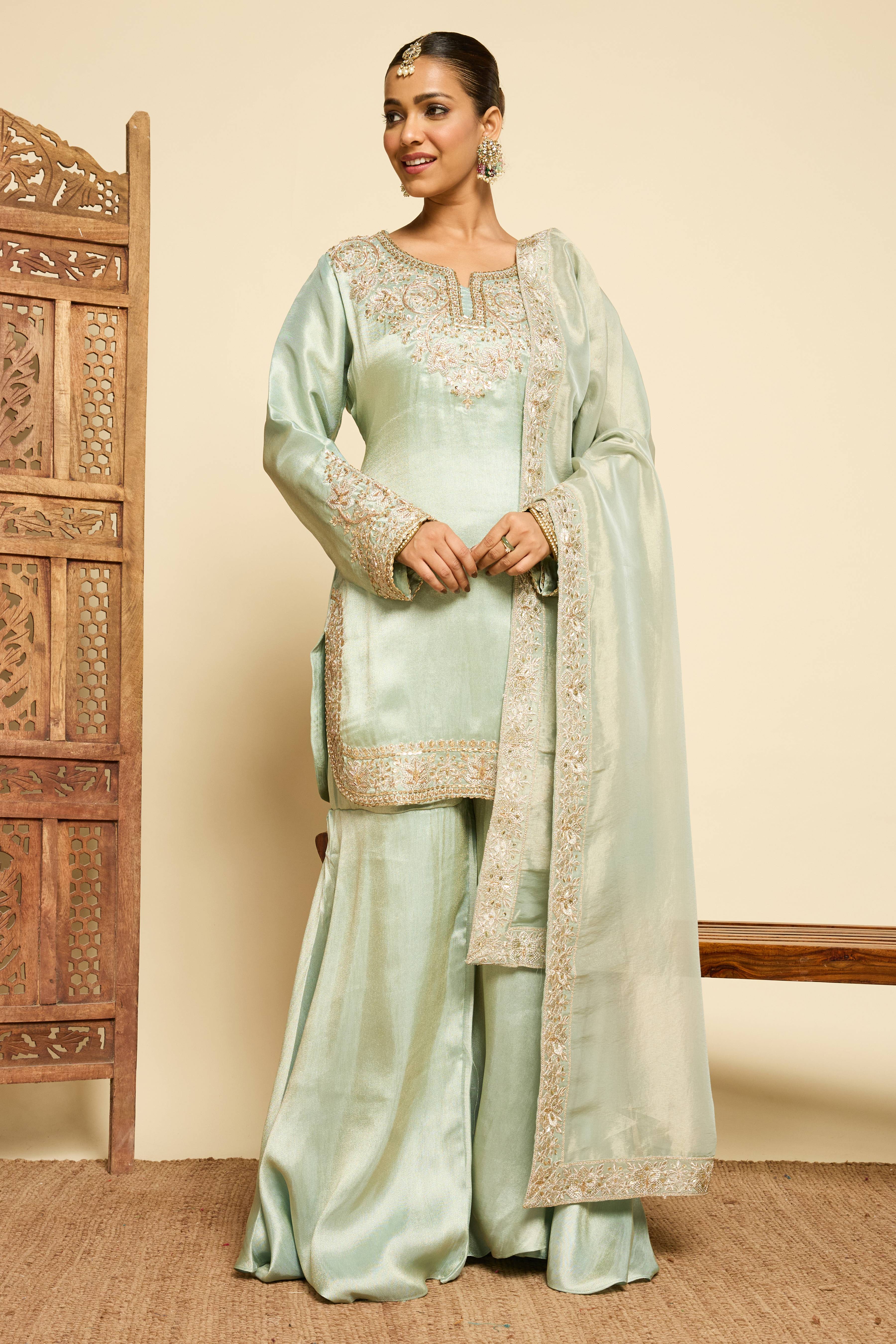 Malang Celadon Silk Gharara Set - Image 7