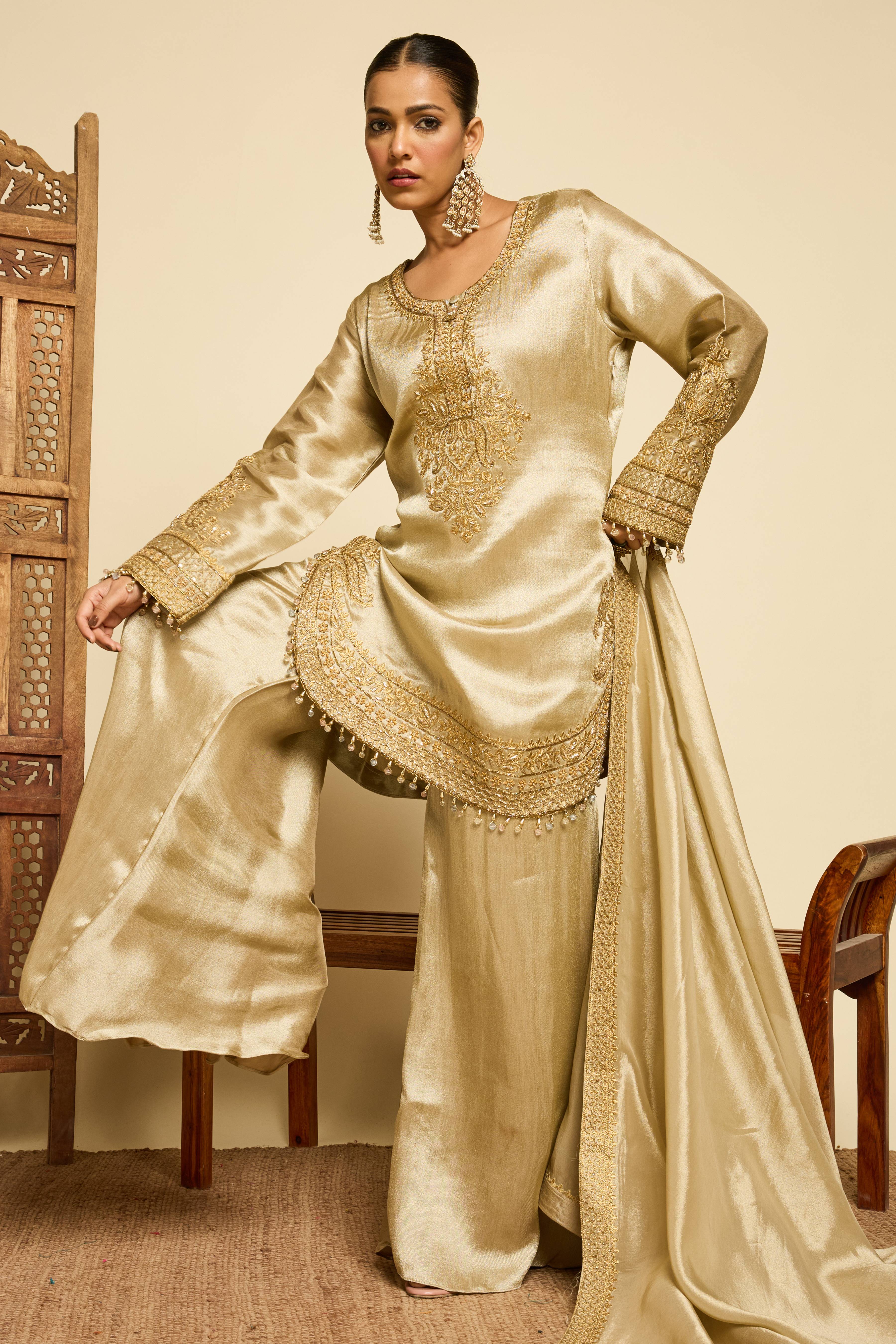Malang Champagne Silk Sharara Set - Image 6